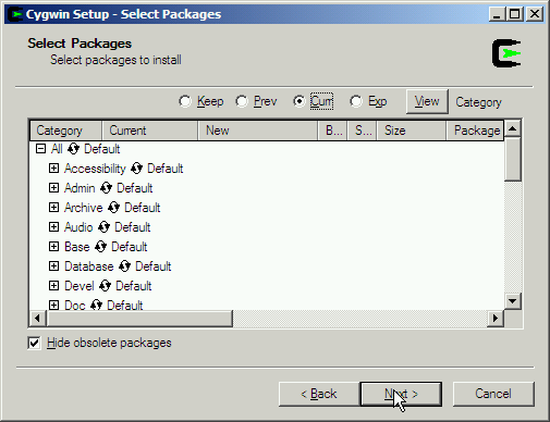 Cygwin Select Packages screen